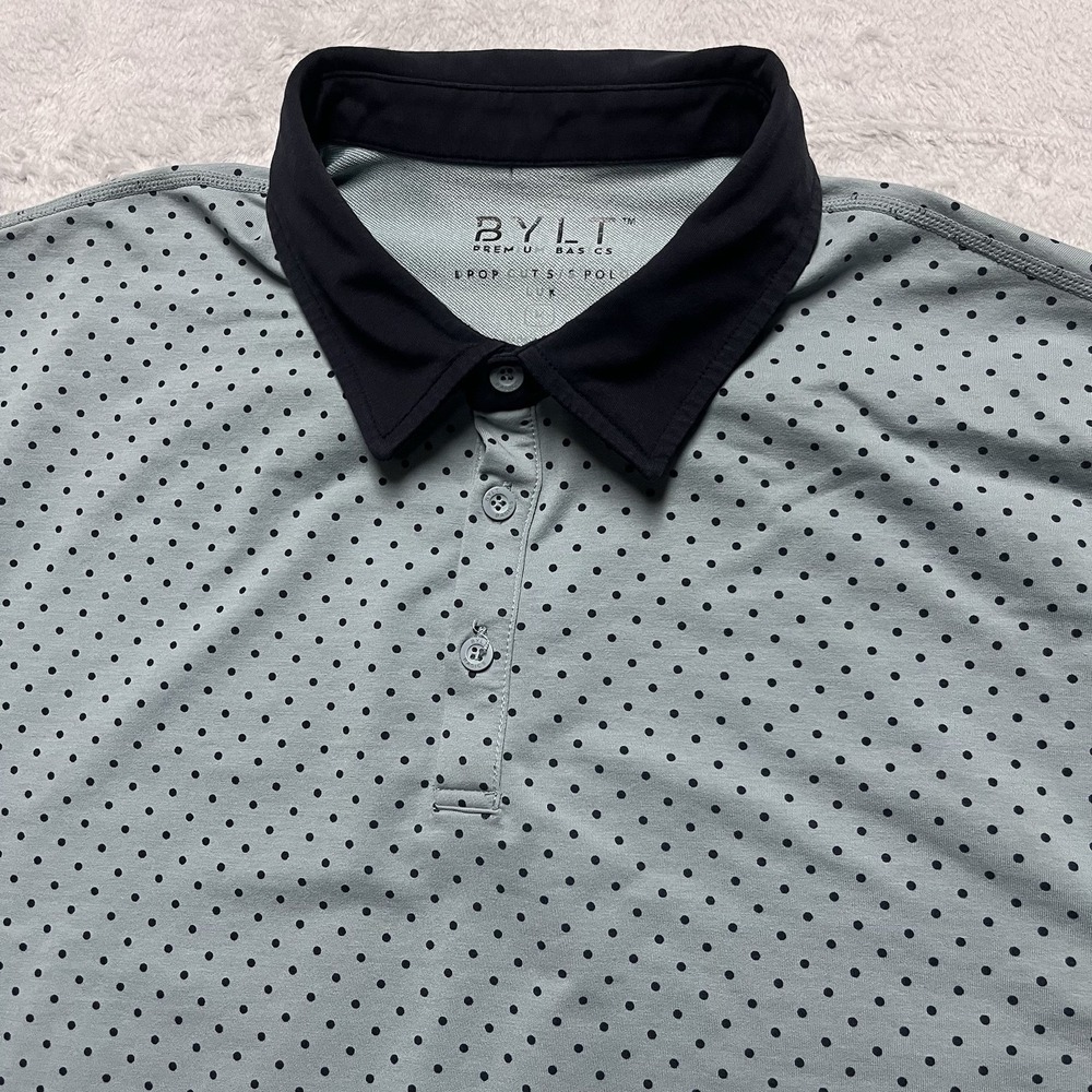 BYLT Shirt Mens Medium Light Blue Polka Dot Drop Cut Short Sleeve Polo Lux